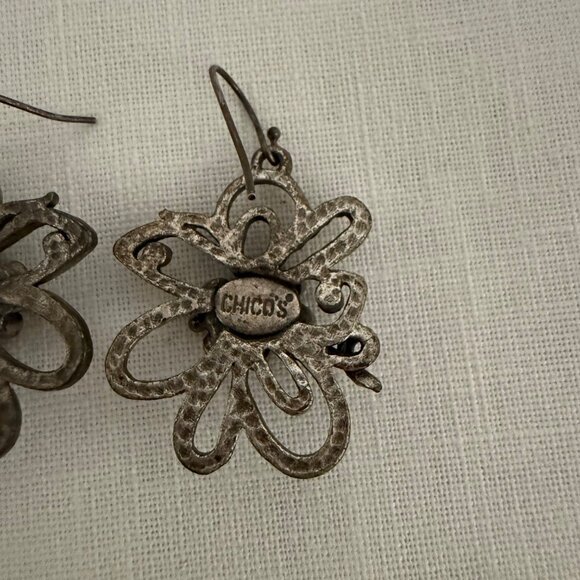 Chicos Flower Rhinestone Dangle Earrings Silver Tone Patina Boho Festival Style - Picture 8 of 8
